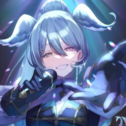 1girl aqua_eyes artist_name blue_hair elira_pendora grin hair_between_eyes hair_ornament hairclip head_wings heterochromia high_ponytail highres holding holding_microphone lens_flare long_hair looking_at_viewer microphone nijisanji nijisanji_en nijisanji_idol_uniform outstretched_hand ponytail purple_eyes sionne7724 smile solo sparkle spotlight sweat virtual_youtuber wings