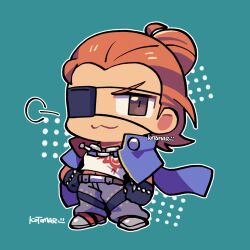 Rule 34 | 1boy, :3, black gloves, blue background, blue coat, brown eyes, chibi, chibi only, coat, coat on shoulders, eyepatch, full body, gloves, grey footwear, grey horns, hair bun, highres, horns, hwoarang (tekken), kotorai, male focus, midriff peek, no nose, orange hair, shirt, short hair, signature, solo, tekken, tekken 7, white shirt