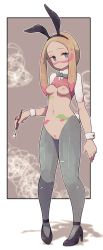 1girl alternate_costume animal_ears bad_id bad_pixiv_id black_hairband black_shoes blonde_hair blue_eyes bodypaint bow bowtie breastless_clothes breasts cleft_of_venus closed_mouth crop_top expressionless facepaint fake_animal_ears fake_tail female_focus female_pubic_hair full_body grey_bow grey_bowtie grey_legwear hairband high_heels highres holding jewelry lamb-oic029 long_hair medium_breasts meme_attire mina_(pokemon) navel nintendo nipples outline paintbrush pigeon-toed pink_vest pokemon pokemon_sm pubic_hair pussy rabbit_ears rabbit_tail reverse_bunnysuit reverse_outfit ring shirt shoes short_sleeves solo standing stomach tail trial_captain uncensored vest white_outline white_shirt wrist_cuffs