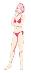 Rule 34 | 1girl, absurdres, aqua eyes, barefoot, bikini, boruto: naruto next generations, breasts, cleavage, collarbone, hairband, haruno sakura, highres, legs, mature female, medium breasts, naruto (series), navel, pink hair, red bikini, side-tie bikini bottom, smile, swimsuit, toadd95
