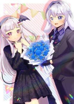 Rule 34 | 2girls, :d, black dress, black gloves, black jacket, black necktie, black vest, black wings, blue eyes, blue flower, blue rose, blush, bouquet, closed mouth, collarbone, collared shirt, commentary request, copyright request, demon girl, demon tail, demon wings, diagonal-striped background, dress, floppy ears, flower, gloves, grey hair, hair intakes, half gloves, hands up, head wings, holding, holding bouquet, jacket, kou hiyoyo, long hair, long sleeves, multiple girls, necktie, one side up, open mouth, pennant, pleated dress, purple shirt, red eyes, rose, shirt, smile, string of flags, striped background, tail, very long hair, vest, virtual youtuber, wide sleeves, wings