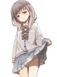 1girl bow bowtie clothes_lift commentary commentary_request cowboy_shot fukaku-tei hair_between_eyes head_tilt highres long_hair looking_at_viewer make_heroine_ga_oo_sugiru! medium_hair panties pantyshot petite pleated_skirt school_uniform shiratama_riko shirt simple_background skirt skirt_lift smile sweater thigh_gap underwear upper_body white_background white_shirt