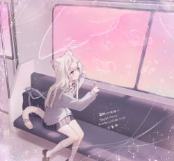 1girl :o absurdres animal_ear_fluff animal_ears arms_up belt black_shoes black_skirt blonde_hair blush candy cardigan cat_ears cat_girl cat_hair_ornament cat_tail collared_shirt commentary_request commission food hair_ornament hairclip hand_on_window heart highres holding holding_candy holding_food holding_lollipop kumo_tabetai lollipop long_hair long_sleeves looking_outside neck_ribbon open_mouth original pink_belt pink_cardigan pleated_skirt purple_eyes red_ribbon ribbon shirt shoes sitting skeb_commission skirt sleeves_past_wrists socks solo tail tail_belt train train_interior white_shirt white_socks