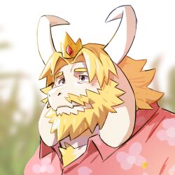 1boy animal_ears asgore_dreemurr beard blonde_hair closed_mouth crown facial_hair fangs floppy_ears floral_print furry furry_male goat_ears goat_horns horns looking_to_the_side male_focus pink_shirt rossciaco shirt skin_fangs smile undertale upper_body