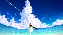 1girl ahoge black_hair blue_sky cloud cloud_focus commentary_request day dress fisheye floating_hair from_behind highres lake long_hair makoron117117 mountainous_horizon original outdoors scenery shore short_dress simple_bird sky sky_focus solo summer very_long_hair wading water white_dress