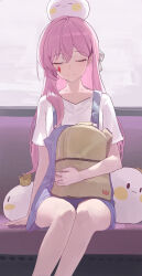 1girl absurdres bag bare_legs closed_eyes closed_mouth highres holding holding_bag long_hair mac_star original pink_hair shirt smile solo t-shirt white_shirt