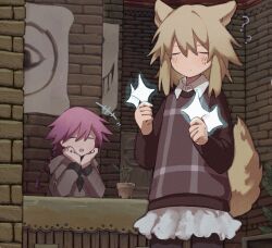 Rule 34 | +++, 1boy, 1girl, ?, ??, amused, animal ears, black pantyhose, black shirt, blonde hair, braid, brick wall, brown shirt, brown sweater, closed eyes, closed mouth, collared shirt, commentary request, elbows on table, facing another, film grain, flower pot, fuyuki eru, head rest, holding, hood, hood down, indoors, long hair, long sleeves, medium hair, open mouth, pantyhose, plant, potted plant, purple hair, shirt, single braid, skirt, smile, sparkle, sweater, tail, urotsuki, white shirt, white skirt, wintry attendant, wolf ears, wolf tail, yume 2kki