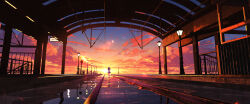 1girl absurdres black_skirt commentary_request evening highres lamppost lifeline_(a384079959) original railing railroad_tracks reflection scenery shirt skirt sky stairs standing sunset train_station twintails vanishing_point water white_shirt