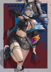 1girl alternate_eye_color animal_ear_hood animal_ears bandaid bandaid_on_knee bandaid_on_leg belt black_gloves black_jacket black_shorts blue_eyes breasts bronya_zaychik bronya_zaychik_(haxxor_bunny) drill_hair dynamotor fake_animal_ears gloves grey_hair highres honkai_(series) honkai_impact_3rd hood jacket knee_pads looking_at_viewer midriff navel rabbit_ears shorts single_knee_pad small_breasts solo twin_drills