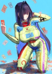 1girl absurdres blue_eyes board_game breasts colored_inner_hair commentary english_commentary erasorpepero hair_intakes highres hololive hololive_english large_breasts long_hair mixed-language_commentary monopoly multicolored_hair ouro_kronii solo virtual_youtuber