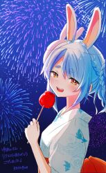Rule 34 | 1girl, :d, aerial fireworks, animal ear fluff, animal ears, blue hair, braid, brown eyes, candy apple, commentary request, commission, fireworks, food, from side, hair between eyes, hand up, holding, holding food, hololive, japanese clothes, kimono, kiritoma, long sleeves, looking at viewer, looking to the side, mask, mask on head, night, night sky, obi, open mouth, outdoors, rabbit-shaped pupils, rabbit ears, rabbit mask, sash, short eyebrows, skeb commission, sky, smile, solo, symbol-shaped pupils, thick eyebrows, upper body, usada pekora, virtual youtuber, white kimono