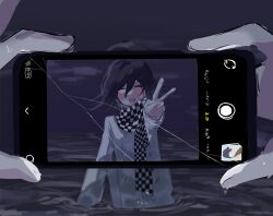 1boy black_hair blush buttons cellphone checkered_clothes checkered_scarf closed_eyes commentary cracked_screen danganronpa_(series) danganronpa_v3:_killing_harmony flipped_hair hair_between_eyes highres holding holding_phone long_sleeves looking_at_viewer male_focus medium_hair night night_sky oma_kokichi open_mouth outdoors partially_submerged phone pov pov_hands purple_hair ripples scarf shirt sky smartphone smile solo_focus tadadayo taking_picture two-tone_scarf upper_body water