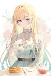 1girl aizawa_ema aqua_dress aqua_eyes aqua_hair aqua_nails belt belt_around_waist black_belt blonde_hair blunt_ends blush breasts butter closed_mouth commentary_request cup dress fingernails floral_background floral_print floral_print_dress food fork gradient_eyes gradient_hair hair_over_shoulder highres holding holding_cup knife lace-trimmed_sleeves lace_collar lace_trim long_hair long_sleeves looking_at_viewer maple_syrup multicolored_eyes multicolored_hair nail_polish nobuko_miele pancake pancake_stack parted_bangs plate print_dress purple_eyes shirt sidelocks sitting smile solo straight-on tea teacup teapot upper_body very_long_hair vspo! white_background white_shirt
