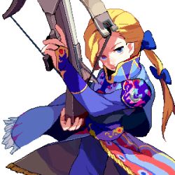 Rule 34 | 1990s (style), 1boy, bad id, bad pixiv id, blonde hair, bow, bow (weapon), cape, crossbow, edgar roni figaro, final fantasy, final fantasy vi, hair bow, lowres, male focus, oekaki, ponytail, retro artstyle, simple background, solo, ucchii, weapon, white background