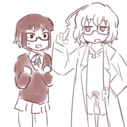 2girls clenched_hands commentary_request cross-section cum cum_in_pussy cum_plugged glasses hand_in_pocket index_finger_raised kagaku_chop kagimushi lab_coat long_sleeves looking_at_another monochrome multiple_girls nagakura_ren neck_ribbon open_mouth pleated_skirt ribbon semen_kept_inside short_hair simple_background skirt rectangular_mouth suzuzono_sai sweatdrop white_background