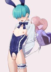 1boy absurdres animal_ears aqua_hair arms_behind_back balloon bar_censor blue_bow blue_bowtie blush bow bowtie censored covered_navel crossdressing crotch_cutout fake_animal_ears flaccid frilled_thigh_strap frills hair_over_eyes heart_balloon highres leotard long_bangs long_sleeves male_focus male_playboy_bunny omiyacha open_mouth original penis purple_background rabbit_ears revealing_clothes short_hair simple_background solo sweatdrop testicles thigh_strap trap