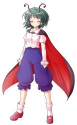 1girl alphes_(style) antennae black_cape blue_shorts blush buttons cape closed_eyes closed_mouth commentary_request dairi frilled_sleeves frills full_body green_hair highres large_variant_set loafers long_sleeves parody red_cape red_shoes shirt_tucked_in shoes short_hair shorts smile socks solo standing style_parody tachi-e touhou transparent_background two-sided_cape two-sided_fabric variant_set white_socks wriggle_nightbug