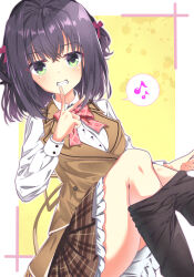 Rule 34 | 1girl, absurdres, black hair, black pantyhose, blush, border, bow, bowtie, brown skirt, brown vest, clothes pull, collared shirt, commentary request, crossed bangs, dutch angle, eyes visible through hair, fang, feet out of frame, frilled skirt, frills, green eyes, grin, hair between eyes, hair bow, hair intakes, hand up, highres, knees up, limelight lemonade jam, long sleeves, looking at viewer, medium hair, miniskirt, mole, mole under eye, musical note, nabari anju, outline, outside border, pantyhose, pantyhose pull, plaid bow, plaid bowtie, plaid clothes, plaid skirt, pleated skirt, pulling own clothes, red bow, red bowtie, shirt, simple background, sitting, skirt, smile, solo, speech bubble, spoken musical note, sukonbu385, thighs, two side up, v, vest, watermark, white border, white outline, white shirt, yellow background