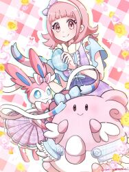 1girl :&gt; :3 blissey blissey_(checkered) blue_bow blue_eyes blue_ribbon blunt_bangs bow checkered_background checkered_clothes checkered_dress closed_mouth clothed_pokemon creatures_(company) dress full_body game_freak gen_2_pokemon gen_6_pokemon looking_at_viewer nintendo pink_background pink_bow pink_dress pink_eyes pink_fur pink_hair pokemon pokemon_(creature) pokemon_unite purple_dress ribbon saki_pokeoekaki short_hair simple_background smile standing sylveon sylveon_(checkered) white_fur