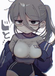 1girl aozora_kyoka breasts buruma duplicate glasses grey_hair gym_shirt gym_uniform highres large_breasts long_hair messy_hair mojyo original ponytail shirt simple_background sleeves_past_fingers sleeves_past_wrists white_background yasashii_naizou