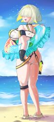 1girl absurdres ass beach blonde_hair blue_innertube blue_sky blush breasts crocs day elegg_(boom_and_shock)_(nikke) elegg_(nikke) fang from_behind gloves goddess_of_victory:_nikke hair_intakes hair_over_eyes highres large_breasts long_bangs looking_at_viewer looking_back multicolored_gloves multicolored_hair ocean open_mouth outdoors sand see-through_slingshot_swimsuit shiny_skin short_hair sky slingshot_swimsuit smile so_many_beard solo standing swimsuit two-sided_gloves two-tone_hair wet yellow_gloves yellow_slingshot_swimsuit