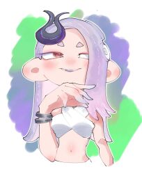 1girl asase_02 bracelet commentary eyelashes hashtag-only_commentary jewelry long_hair looking_to_the_side multiple_bracelets navel nintendo octoling official_alternate_costume purple_hair red_eyes shiver_(grand_festival)_(splatoon) shiver_(splatoon) short_eyebrows smile solo splatoon_(series) splatoon_3 tentacle_hair thick_eyebrows