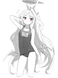 1girl ahoge arm_behind_head bare_arms bare_shoulders blue_archive blush breasts closed_mouth collarbone covered_navel cropped_legs flying_sweatdrops greyscale hair_ornament hairclip halo hand_up highres hina_(blue_archive) hina_(swimsuit)_(blue_archive) horns long_hair looking_at_viewer low_wings monochrome name_tag old_school_swimsuit parted_bangs purple_eyes saiste school_swimsuit simple_background small_breasts solo spot_color swimsuit very_long_hair wavy_mouth whistle whistle_around_neck white_background wings