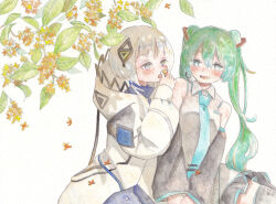 Rule 34 | 2girls, bare shoulders, black skirt, blush, branch, cevio, collared shirt, commentary request, detached sleeves, diamond hair ornament, falling flower, flower, flower request, green hair, grey shirt, hand up, hatsune miku, highres, holding, holding flower, hood, hood down, hooded jacket, jacket, kafu (cevio), kamitsubaki studio, leaf, licking, long hair, long sleeves, looking at another, miniskirt, multiple girls, open mouth, orange flower, sabaku (saba9), shirt, side-by-side, simple background, sitting, skirt, sleeveless, sleeveless shirt, smile, traditional media, twintails, vocaloid, watercolor pencil (medium), white hair, white jacket