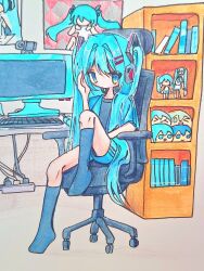 1girl aqua_hair black_socks blue_shorts book bookshelf cable chair cropped figure full_body hand_up hatsune_miku highres knee_up long_hair looking_at_viewer monitor no_shoes office_chair on_chair poster_(object) short_shorts short_sleeves shorts sitting sn_(sn_utu00) socks swivel_chair traditional_media twintails very_long_hair vocaloid