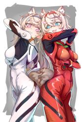 2girls :3 :d absurdres animal_ear_fluff animal_ears arm_under_breasts arm_up ayanami_rei ayanami_rei_(cosplay) back-to-back blonde_hair blue_eyes bodysuit breasts cosplay curvy dog_ears dog_girl dog_tail fake_horns fang fuwawa_abyssgard grey_hairband hair_intakes hairband highres hololive hololive_english hoot_hoot_owl horned_headwear horns long_hair looking_at_another mecha_pilot_suit medium_breasts mococo_abyssgard multicolored_hair multiple_girls neon_genesis_evangelion open_mouth pink_eyes plugsuit_(evangelion) red_bodysuit red_hairband revision short_hair siblings sisters smile souryuu_asuka_langley souryuu_asuka_langley_(cosplay) streaked_hair tail twins virtual_youtuber white_bodysuit wide_hips