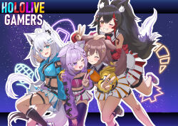 4girls absurdres ahoge animal_ears black_hair braid breasts brown_hair cat_ears cleavage dog_ears dog_tail fox_ears fox_tail highres hololive hololive_gamers inugami_korone kyo_se midriff miniskirt multiple_girls navel nekomata_okayu one_eye_closed ookami_mio ponytail purple_hair shirakami_fubuki side_braid skirt tail thighhighs v virtual_youtuber white_hair wolf_ears