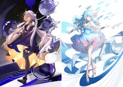 2girls ahoge aqua_hair artist_name blue_dress blue_eyes dress full_body haiyi hat highres long_hair medium5 multiple_girls purple_dress purple_hair shirix smile synthesizer_v xingchen yellow_eyes