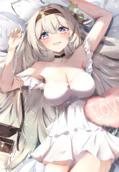 1girl :d absurdres arms_up bare_shoulders black_choker black_hairband blue_pupils blush breasts choker cleavage dress elphe firefly_(honkai:_star_rail) grey_hair hairband highres honkai:_star_rail honkai_(series) large_breasts long_hair looking_at_viewer off-shoulder_dress off_shoulder open_mouth pink_eyes short_dress smile solo very_long_hair white_dress