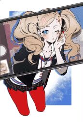1girl black_jacket black_skirt blonde_hair blue_eyes cellphone cellphone_photo collarbone commentary hair_ornament hairclip hashtag-only_commentary highres hood hood_down hoodie jacket long_hair looking_at_viewer minuonuonuo one_eye_closed open_clothes open_jacket pantyhose persona persona_5 phone plaid_clothes plaid_skirt pleated_skirt red_pantyhose school_uniform shuujin_academy_school_uniform skirt solo swept_bangs takamaki_anne twintails wavy_hair white_hoodie