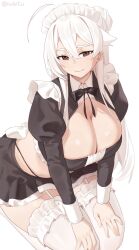 1girl ahoge artist_name black_bow black_bowtie bow bowtie breasts brown_eyes cleavage commentary double-parted_bangs english_commentary frilled_thighhighs frills garter_straps hair_bun hand_on_own_knee highres huge_breasts iwbitu juliet_sleeves long_hair long_sleeves looking_at_viewer maid maid_headdress miniskirt nyopu original puffy_sleeves seiza simple_background sitting skirt smile solo thick_thighs thighhighs thighs twitter_username unconventional_maid white_background white_garter_straps white_thighhighs