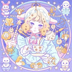Rule 34 | 1girl, aegyo sal, animal ears, animal head, blonde hair, blue eyes, blush, bonnet, bow, closed mouth, cup, curtains, eyelashes, guitar, hair ornament, head tilt, highres, holding, holding cup, holding plate, instrument, light bulb, lips, long sleeves, medium hair, mtirn3373, original, pink bow, plate, solo, square, star ornament, teacup, teapot, upper body, white bonnet, zodiac