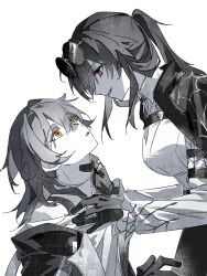Rule 34 | 2girls, breasts, chinese commentary, collared shirt, commentary request, eye contact, eyewear on head, gloves, greyscale, hand on another&#039;s neck, highres, honkai: star rail, honkai (series), jacket, kafka (honkai: star rail), large breasts, long hair, long sleeves, looking at another, monochrome, multiple girls, off-shoulder shirt, off shoulder, open clothes, open jacket, parted lips, ponytail, profile, shirt, smile, spot color, stelle (honkai: star rail), sunglasses, trailblazer (honkai: star rail), xianyuqihaouki, yellow eyes, yuri
