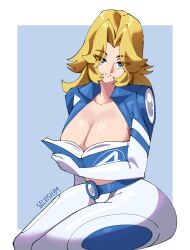 1girl artist_name blonde_hair blue_bodysuit blue_eyes bodysuit boobs_in_book_(meme) book breasts cleavage highres holding holding_book large_breasts long_hair looking_at_viewer marvel marvel_rivals meme open_book selvish94 sitting solo sue_storm superhero_costume two-tone_bodysuit white_bodysuit