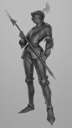 Rule 34 | 1girl, absurdres, armor, billhook, breastplate, chainmail, commentary, commission, crescent, crescent hat ornament, faulds, full armor, full body, gauntlets, greaves, grey background, greyscale, hat ornament, helm, helmet, highres, holding, holding polearm, holding weapon, looking at viewer, monochrome, original, plate armor, polearm, simple background, solo, standing, wass nonnam, weapon