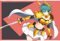 1girl aqua_eyes aqua_hair armor bikini_armor black_gloves breasts cape cleavage closed_mouth commentary_request cowboy_shot gloves gold_armor hair_between_eyes headgear highres looking_at_viewer medium_breasts midriff navel pleated_skirt rance_(series) short_hair shoulder_armor sidelocks skirt smfp2517 smile solo standing sword vambraces weapon white_cape white_skirt yulang_mirage