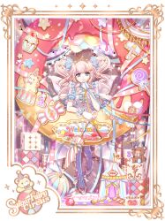 1girl apron ball balloon block_(object) blonde_hair blue_bow blue_dress blue_pantyhose blue_ribbon border bow candy circus commentary_request cupcake donut dress english_text food hair_ornament hair_ribbon heart_balloon highres holding holding_umbrella loaded_interior lolita_fashion lollipop long_hair looking_at_viewer original pantyhose print_pantyhose ribbon rkmoco shoes sidelocks solo star_(symbol) star_hair_ornament stuffed_animal stuffed_toy sweet_lolita sweets swirl_lollipop teddy_bear tiara twintails umbrella white_apron white_shoes