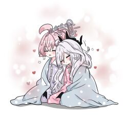Rule 34 | 2girls, ahoge, black horns, black wings, blue archive, closed eyes, closed mouth, commentary request, demon girl, demon horns, demon wings, dress, e v e neko, grey hair, halo, heart, highres, hina (blue archive), hina (pajamas) (blue archive), horns, hoshino (blue archive), long hair, multiple girls, open mouth, pajamas, pants, pink dress, pink hair, pink pajamas, polka dot, polka dot dress, polka dot pajamas, polka dot pants, polka dot shirt, purple pajamas, purple pants, purple shirt, shirt, transparent halo, under covers, wings, yuri