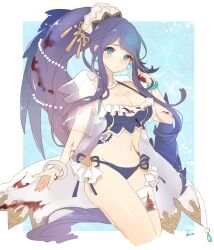 1girl bad_id bad_twitter_id bandaged_leg bandages beads bikini blood blood_on_clothes blood_on_hands blue_eyes blue_hair bracelet breasts choker earrings hair_beads hair_ornament headdress highres jewelry large_breasts looking_at_viewer navel necklace ningyo_hime_(sinoalice) pearl_necklace ponytail pout ribbon sad seashell see-through_clothes shell shiro_snow sidelocks simple_background sinoalice swimsuit