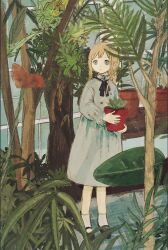 1girl black_ribbon black_shoes blonde_hair chisato_charme closed_mouth dress flower flower_pot full_body greenhouse grey_dress grey_eyes highres holding holding_flower_pot indoors leaf long_hair long_sleeves looking_at_flowers mary_janes neck_ribbon original plant potted_plant red_flower revision ribbon shelf shoes sidelocks socks solo standing tree white_socks