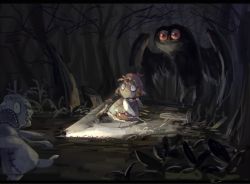 bird commentary fleeing forest hat koto_inari letterboxed mothman mystia_lorelei nature night red_eyes screaming short_hair stick touhou tree wings