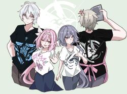 2boys 2girls ;o anger_vein black_shirt blue_eyes blue_skirt breasts brown_pants collarbone elysia_(honkai_impact) fu_hua grey_hair grey_pants h3_hk highres holding honkai_(series) honkai_impact_3rd kalpas_(honkai_impact) kevin_kaslana large_breasts m.o.t.h._logo_(honkai_impact) multiple_boys multiple_girls one_eye_closed pants pink_hair shirt short_hair signet_of_decimation signet_of_deliverance signet_of_ego signet_of_vicissitude skirt white_hair white_shirt