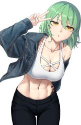 1girl :o abs absurdres black_pants breast_tattoo breasts commentary denim denim_jacket green_hair highres hikage_(senran_kagura) hip_tattoo jacket large_breasts looking_at_viewer medium_hair navel pants senran_kagura simple_background slit_pupils snake_print snake_tattoo solo sports_bra tattoo toned toned_female v white_background white_sports_bra yellow_eyes zib_(boriku)
