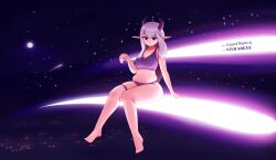 1girl absurdres arm_support artist_name barefoot belly breasts city_lights cleavage full_moon hand_up highres horns long_hair moon navel night night_sky original outdoors plump pointy_ears purple_eyes purple_hair scaledteam shooting_star signature sitting sky solo space star_(sky) starry_sky starry_sky_background thick_thighs thighs watermark web_address