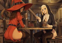 2girls absurdres bear black_thighhighs blonde_hair blue_eyes breasts brown_hair cleavage_cutout clothing_cutout commission cross drinking duplicate garter_straps glasses goback hat highres indoors large_breasts long_hair multiple_girls nun olena_bozhuk open_mouth original shefika_(usergore) sitting skindentation small_breasts staff tavern teeth thighhighs very_long_hair witch witch_hat
