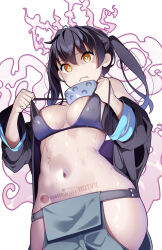 1girl artist_name aura black_bra black_hair black_jacket bra breasts bright_pupils commentary cowboy_shot en&#039;en_no_shouboutai english_commentary firefighter_jacket highres hot_vr jacket long_hair medium_breasts navel off_shoulder orange_eyes pixiv_username simple_background solo stomach strap_lift subscribestar_username sweat tamaki_kotatsu twintails underwear undressing white_background white_pupils